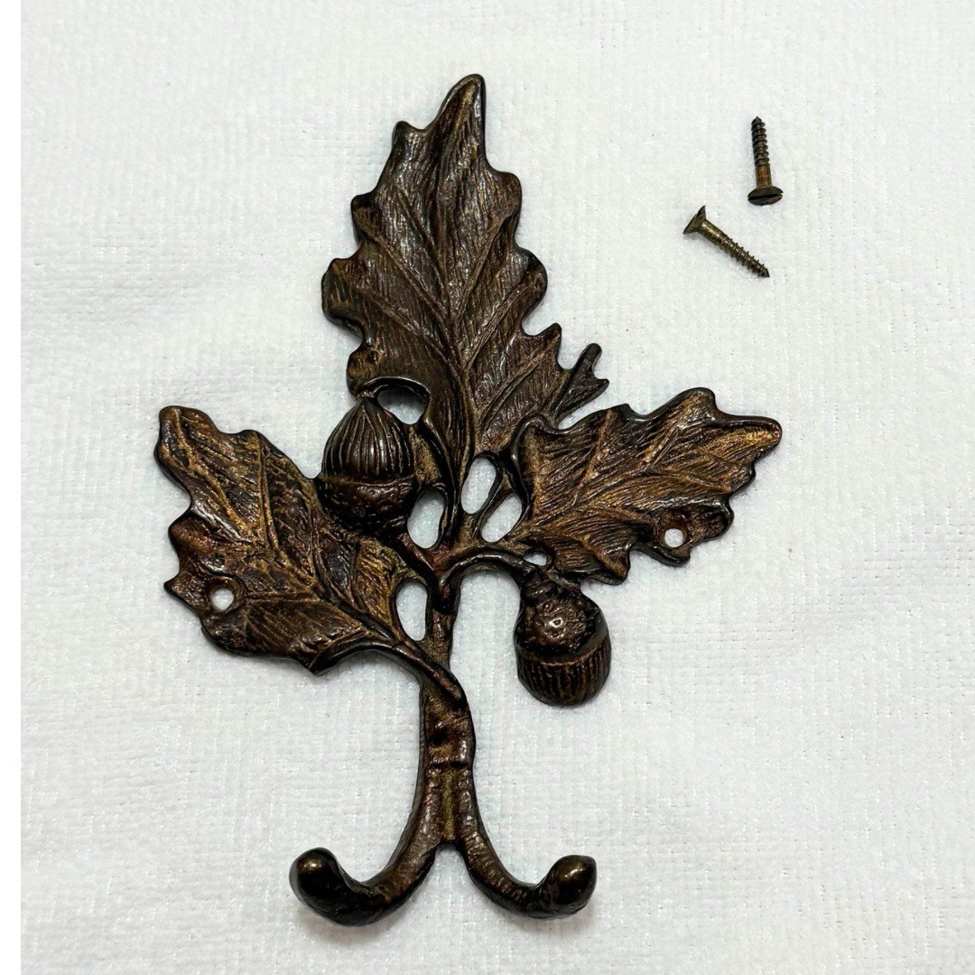Vintage Restoration Hardware Cast Iron Acorn Leaf Wall Hook Double Coat Bronze