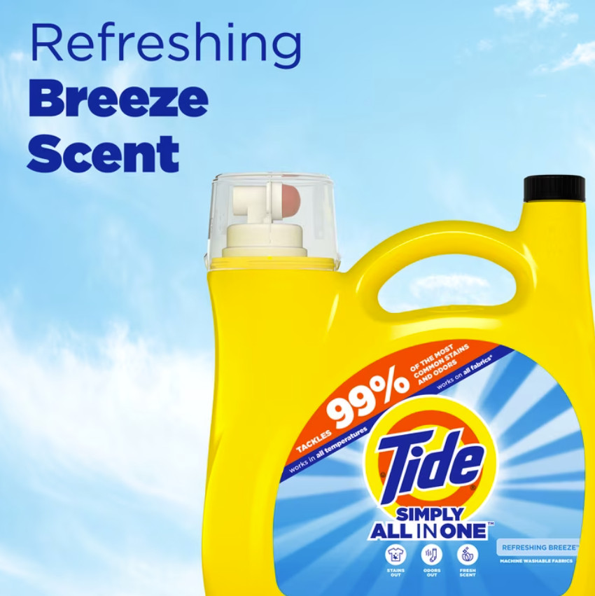4P Tide Simply Laundry Detergent Liquid Refreshing Breeze Scent 85 Loads, 107 oz