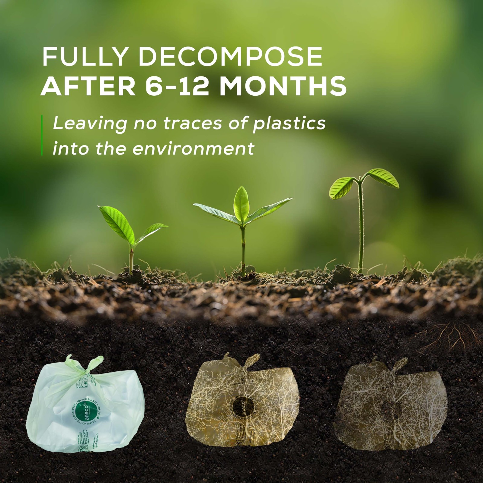 ANECO 100% Compostable Food Waste Bags 2.6 Gallon With Handles, 45 Count