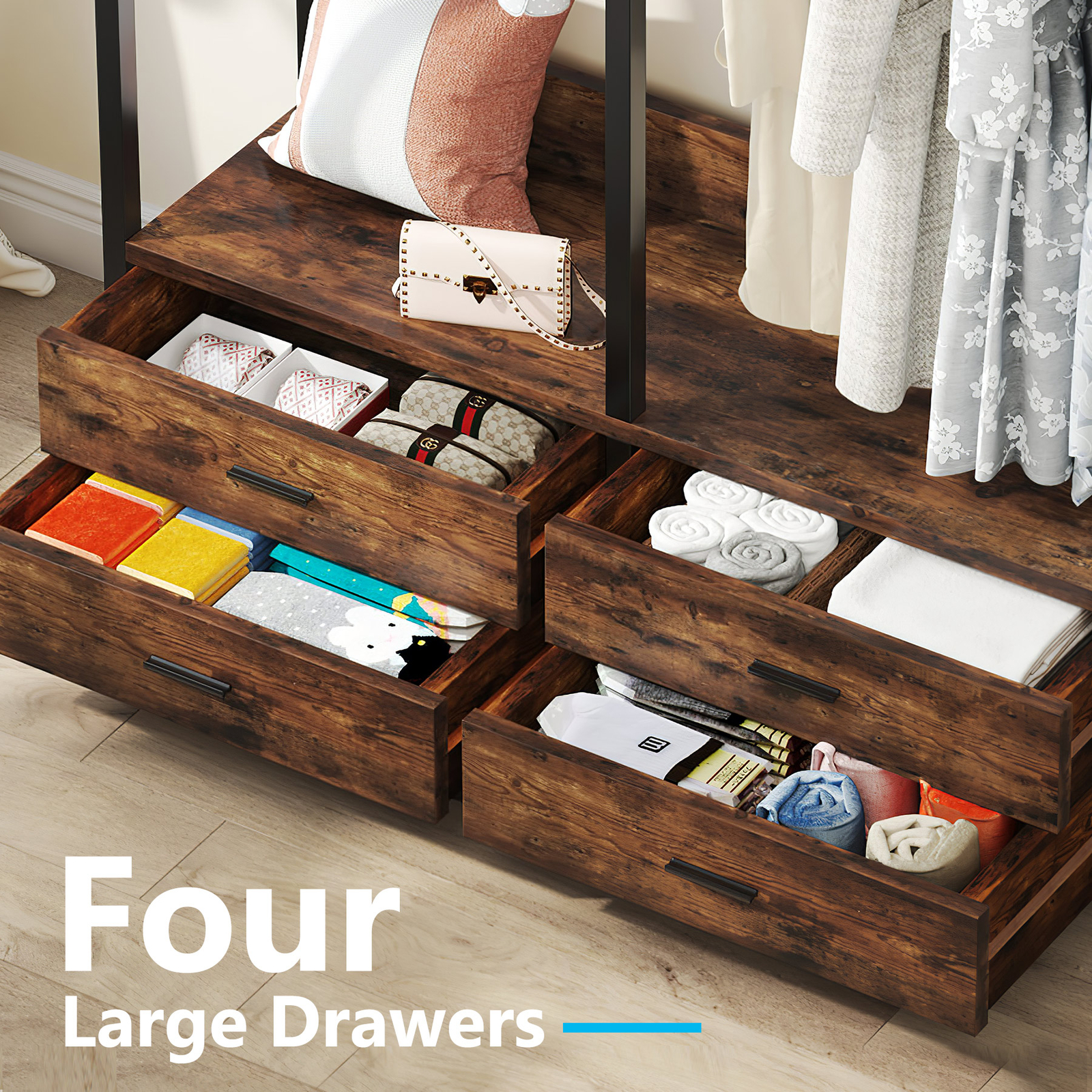 Tribesigns Closet Organizer with 4 Large Drawers, Clothes Garment Rack with Hook