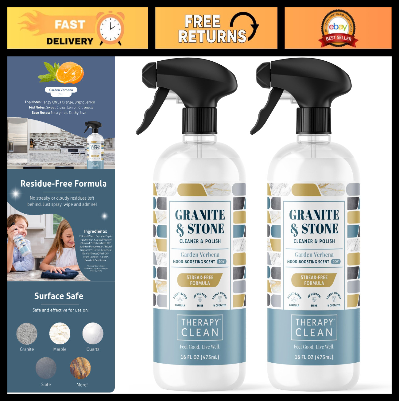 Granite & Stone Cleaner Polish – 2 Pack for Marble, Quartz, Sealed Countertops –