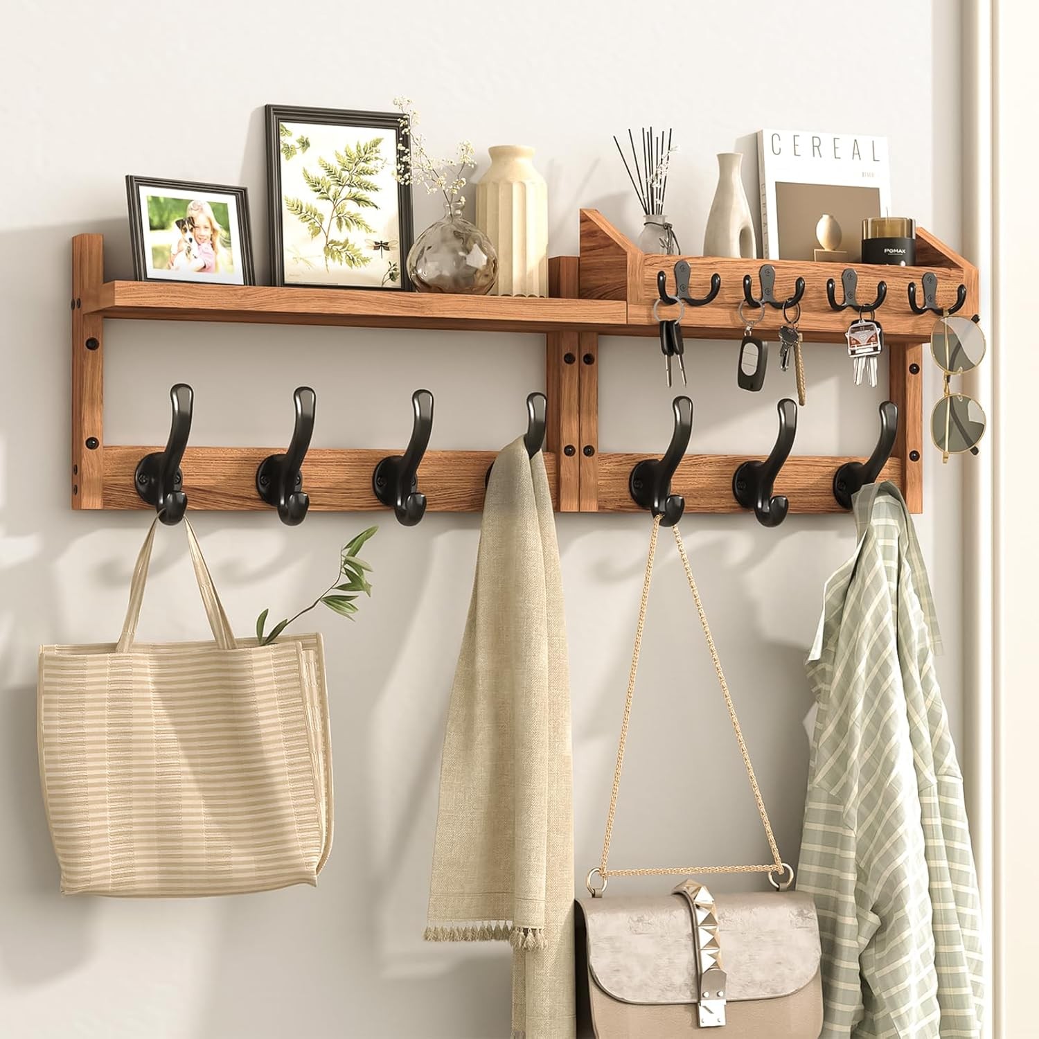 Wood Coat Rack Wall Mounted,Natural Wood Plank with 11 Black Metal Hooks, Hat an