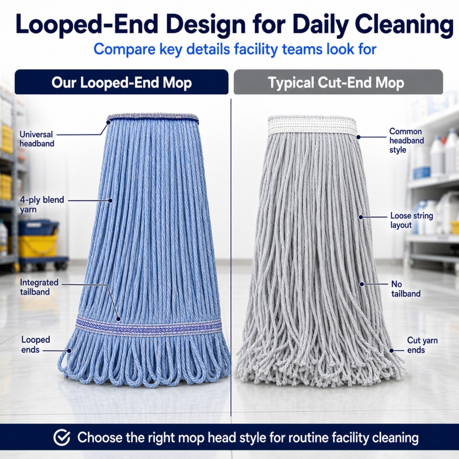 Heavy Duty Blue Mop Head. Machine Wash. Synthetic Cotton Blend Looped End-3 Pack