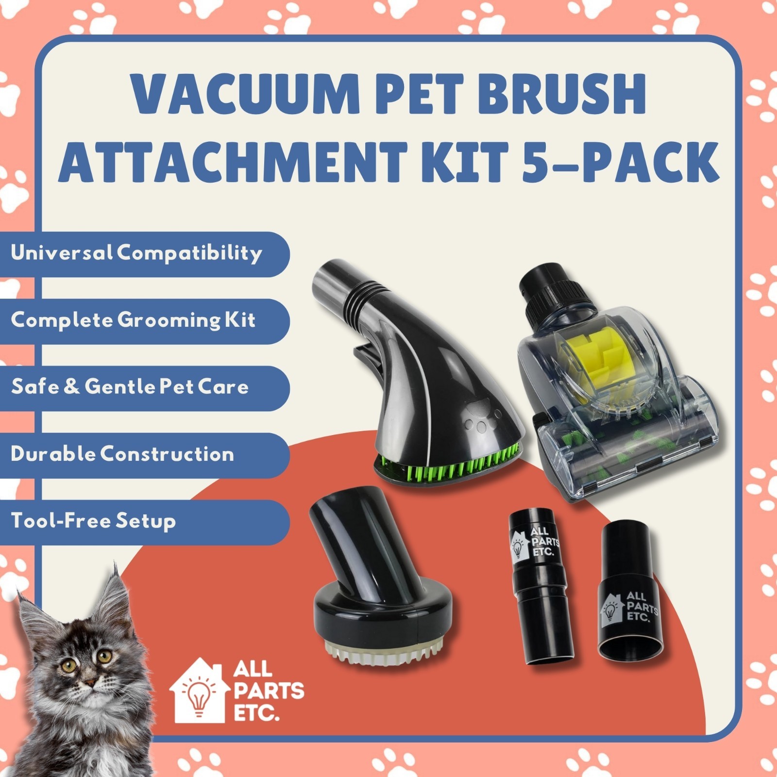 Vacuum Pet Brush Attachment Kit 5-Pack – Dog Grooming Tools with Turbo Brush