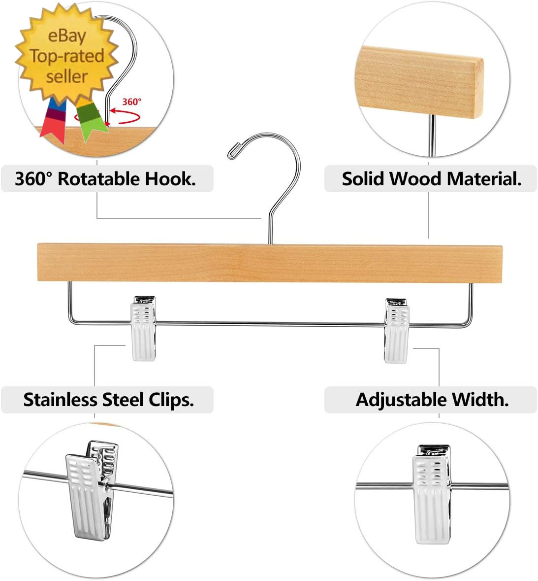 20Pcs Wooden Pants Hangers Solid Pants Hanger with Adjustable Clips 14 Inch Natu