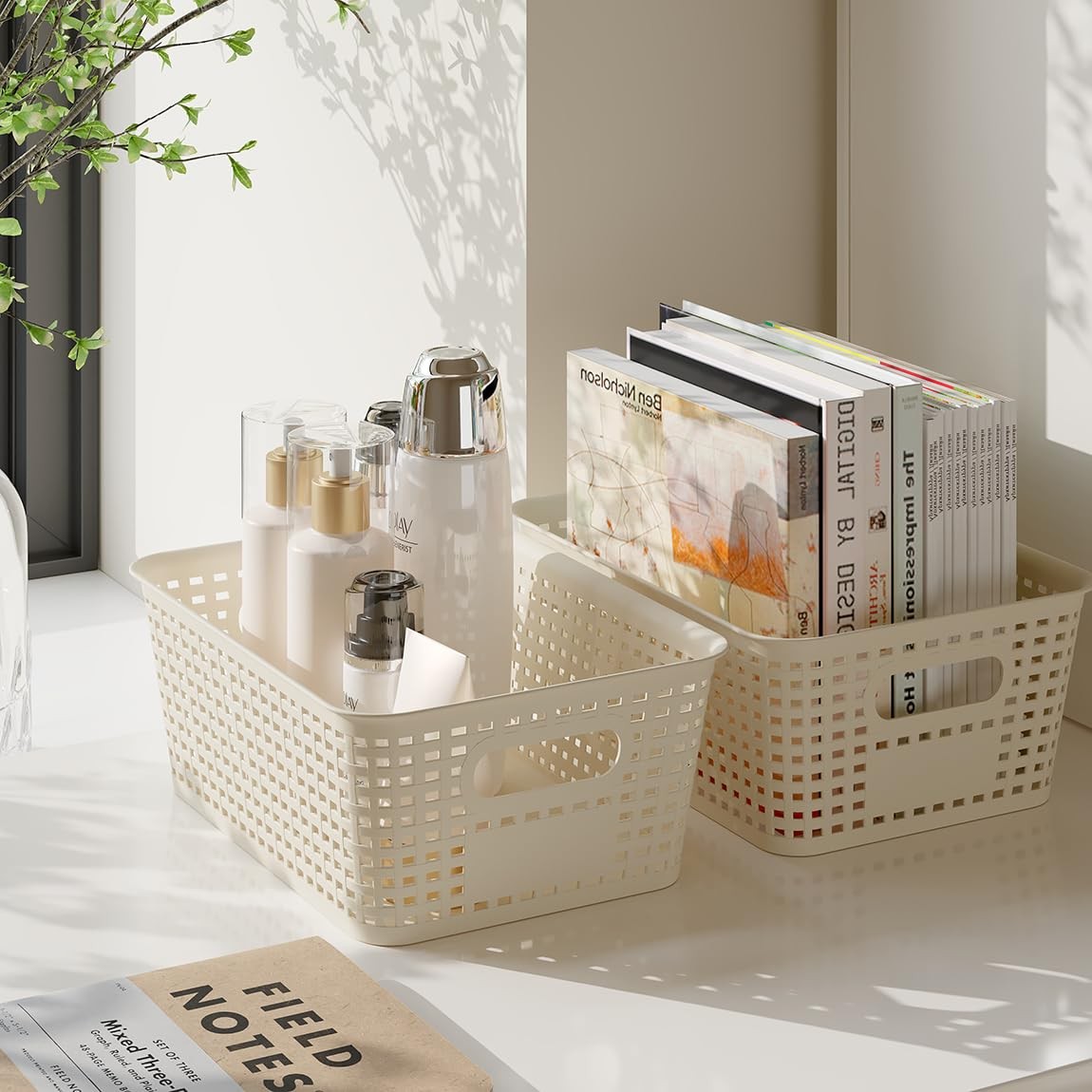 6 Pack Plastic Storage Baskets with Lids Stackable Organizer Bins White
