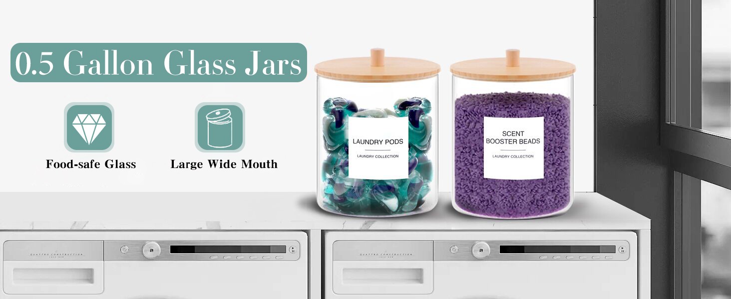 Glass Jars for Laundry Room Organization, Laundry Pods Container with 27 Labels,