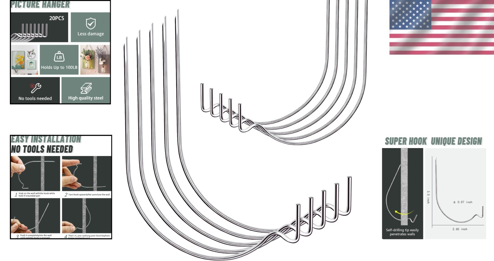 20pcs Super Strong Wall Hooks – Effortless Picture Hanger Kit for Drywall