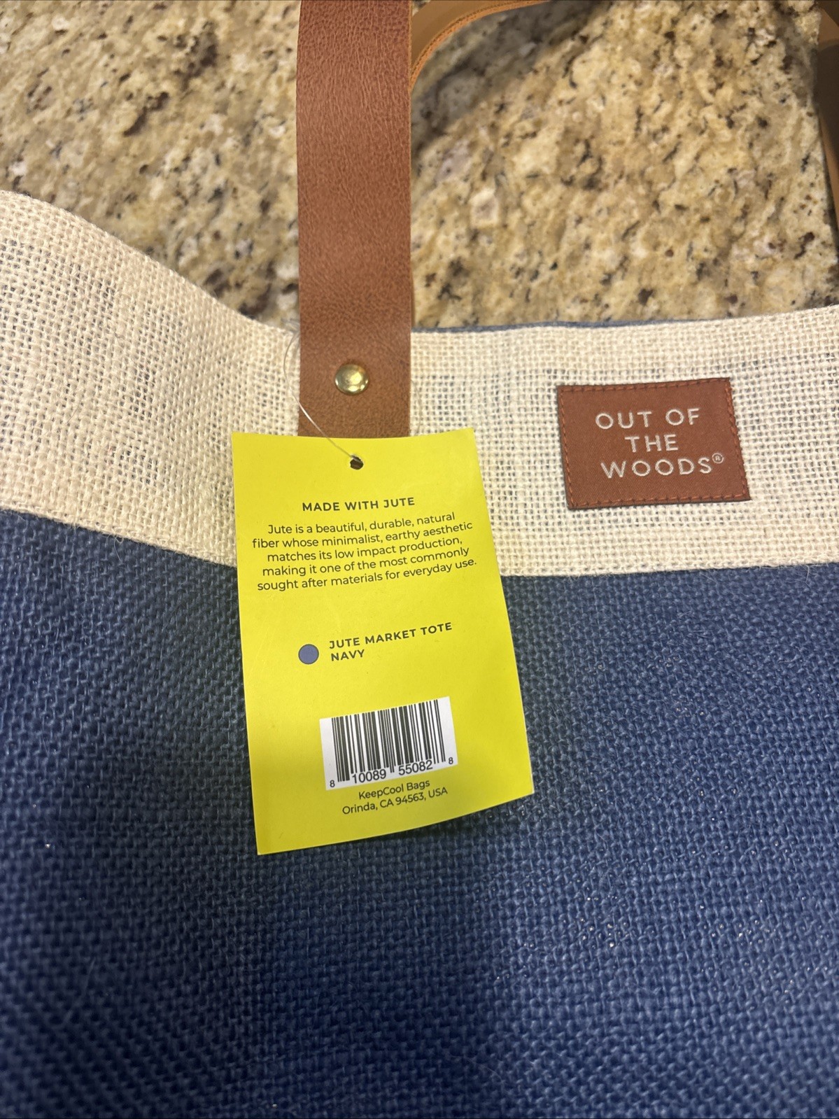 New Jute Market Tote Out of the Woods NWT Navy Blue Leather Handles Pocket