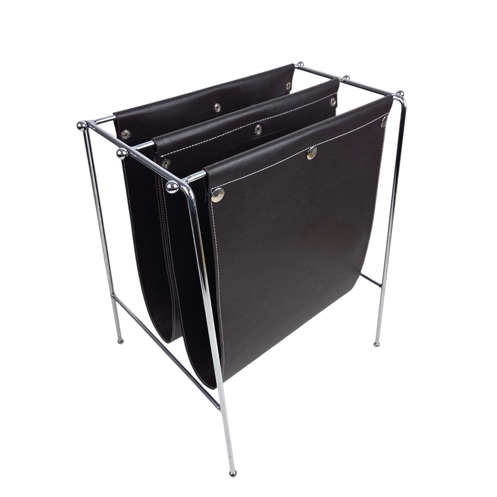 Mid Century Jacques Adnet Style Leather Grain Black Vinyl Chrome Magazine Rack