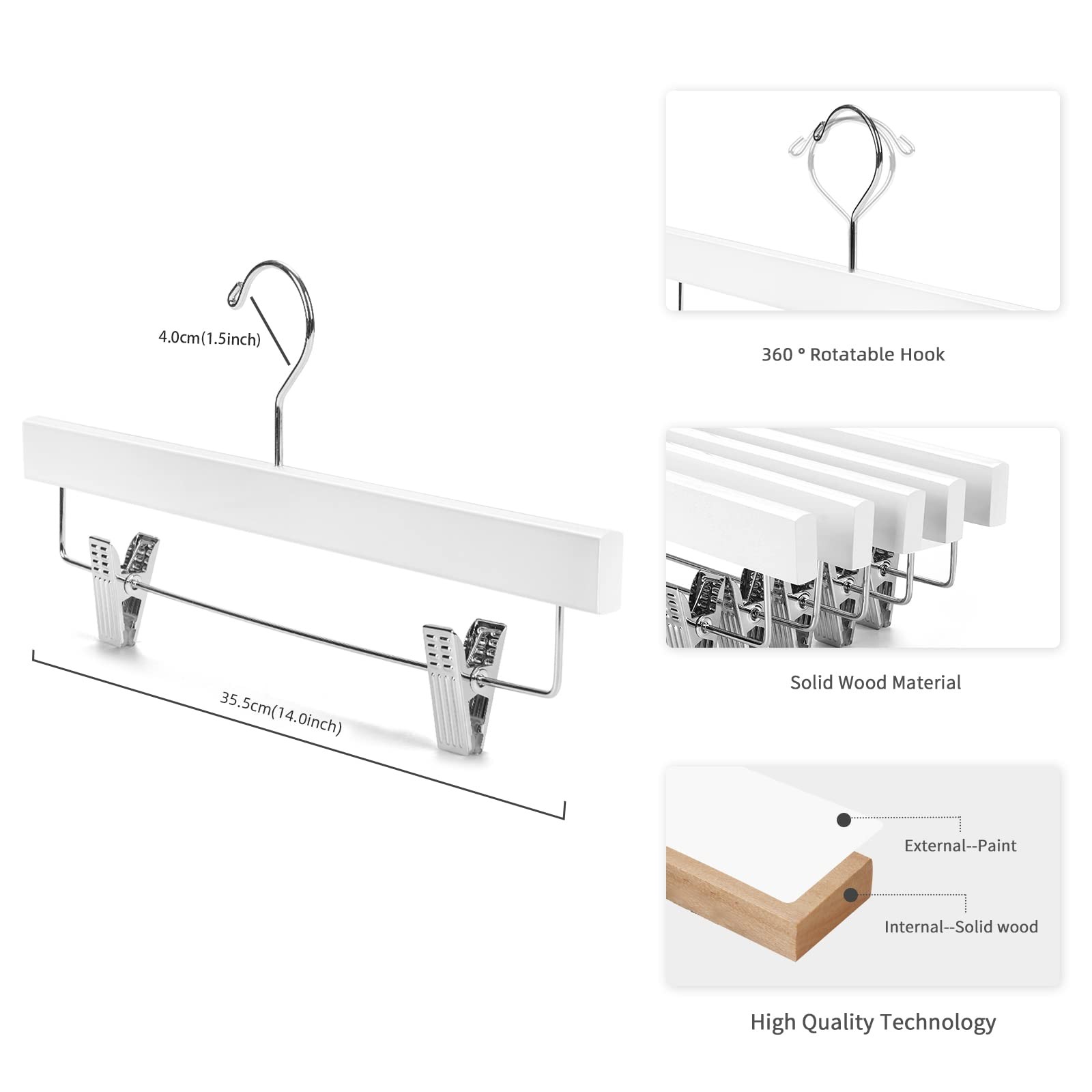 28 PCS Deluxe Wooden Pants Hanger Solid Lotus Wood Clips White Storage
