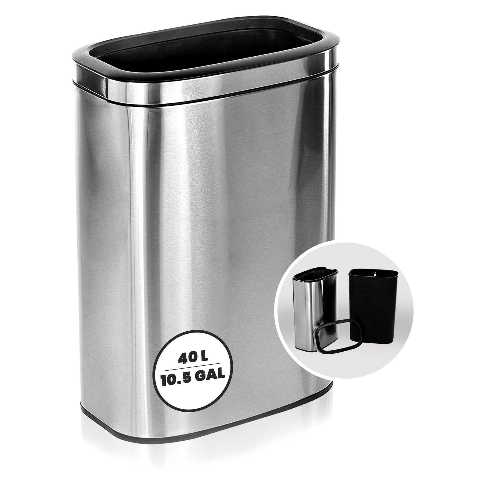 Alpine Stainless Steel Open Top Trash Can 10.5 Gallon 40L Silver 470 10.5 Gallon