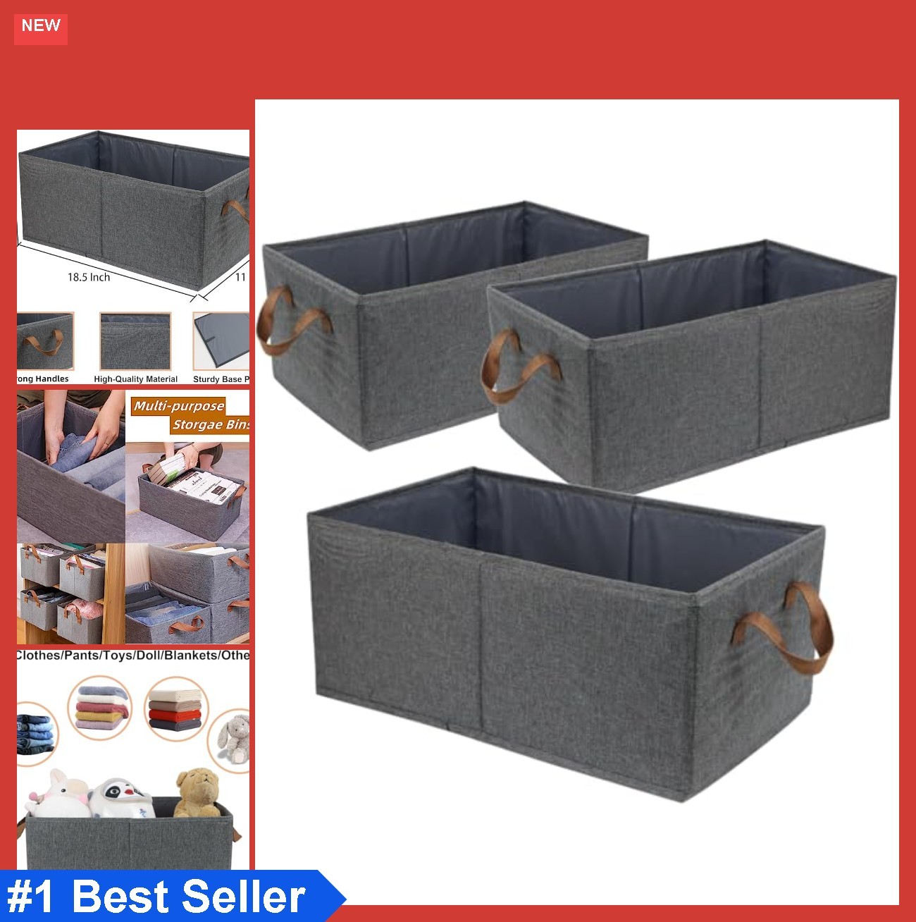 Pack of 3 Large Fabric Storage Bins 18.8x11x7.8 Inches Foldable Closet