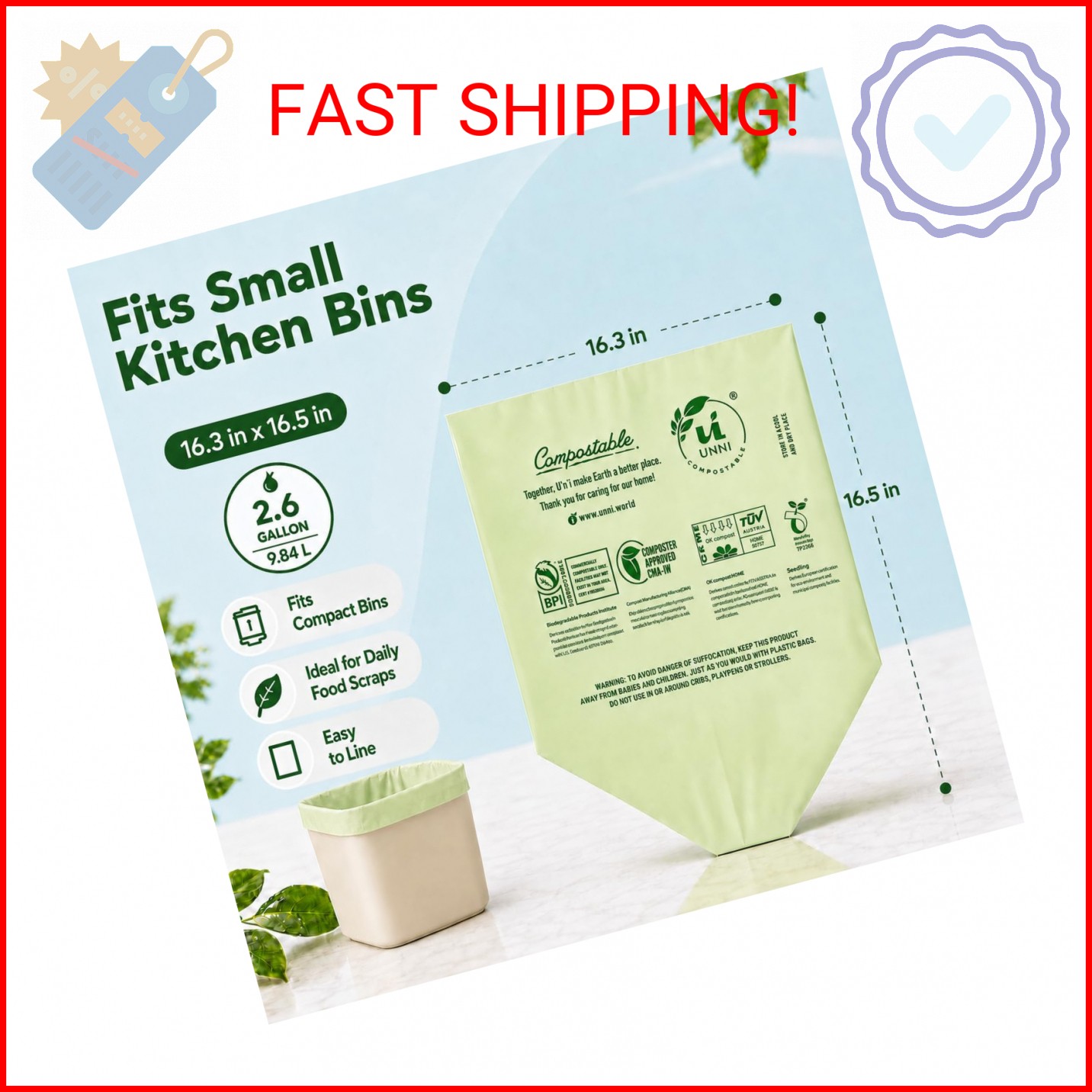 UNNI Compostable Trash Bags, 2.6 Gallon / 9.84 Liter, 100 Count, Extra Thick 0.7
