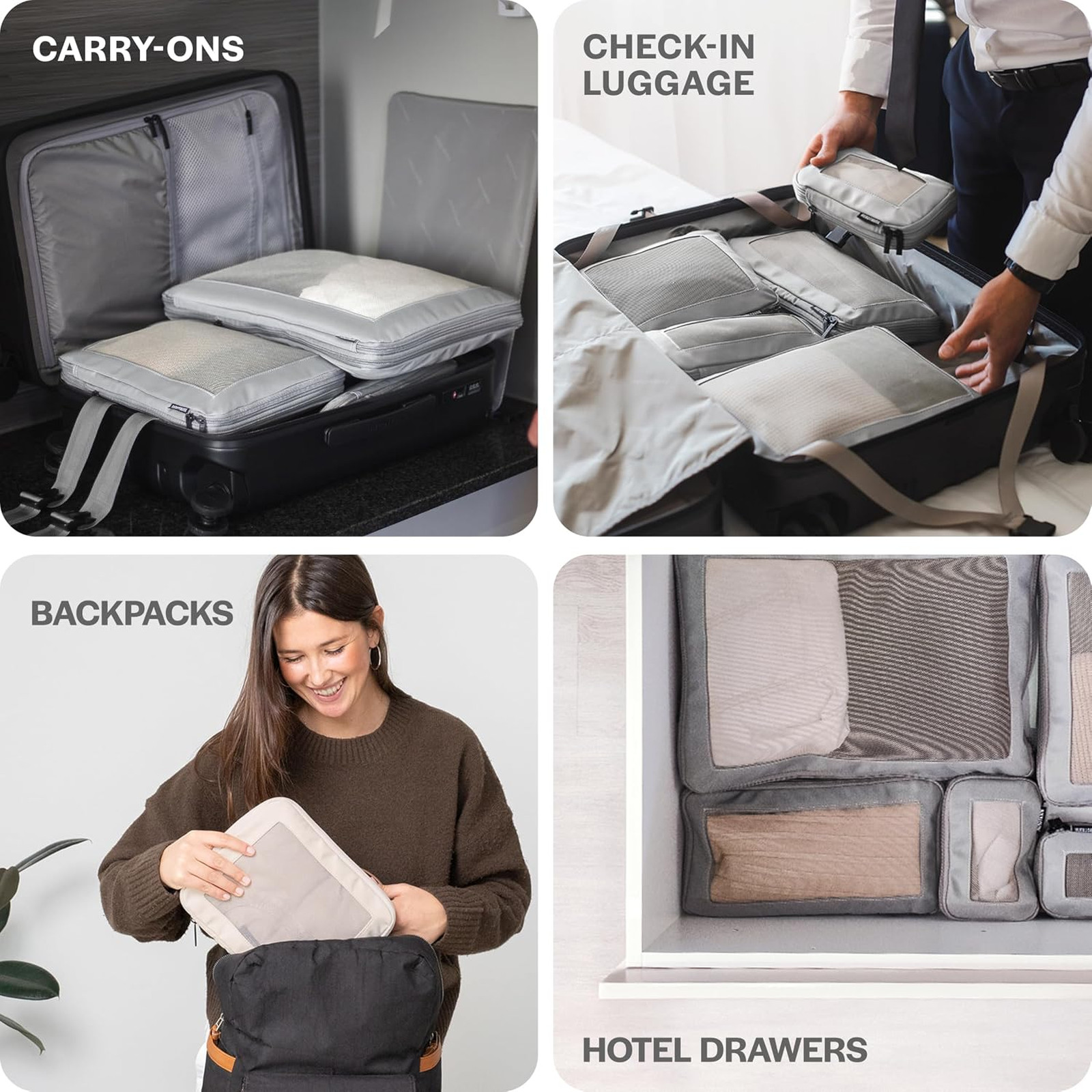 Compression Packing Cubes for Travel, 6-Pack, Light Grey | Solves overpacking