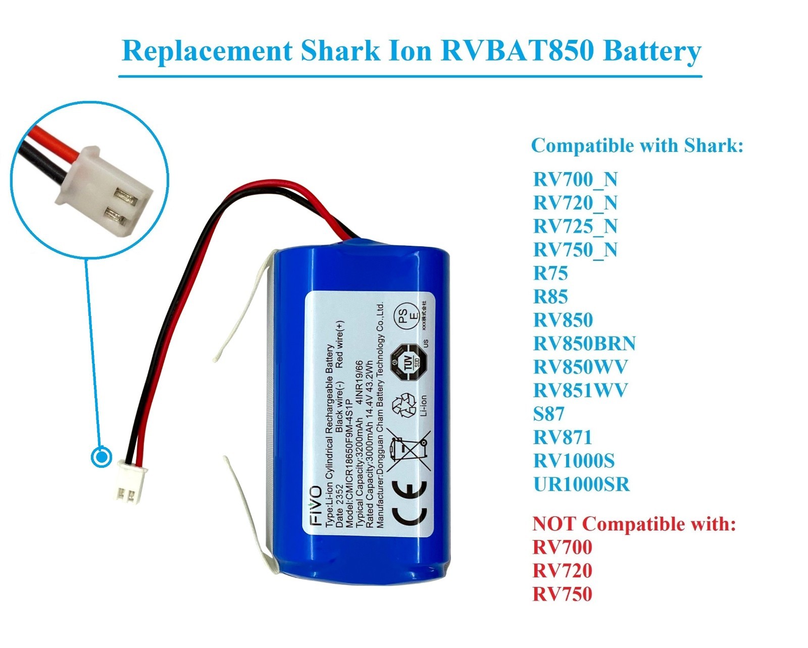 Replacement Battery for Shark Ion R75 RV85 RV850 RV750-N RVBAT850(2-prongs plug)