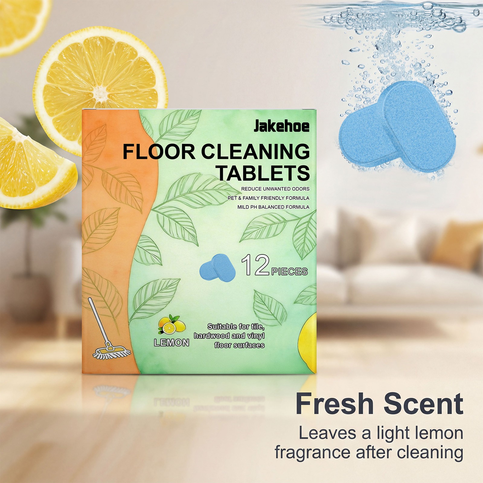 12x Floor Cleaning Solution Tablet, Deep Cleans for Multiple Floors, lemon Scent
