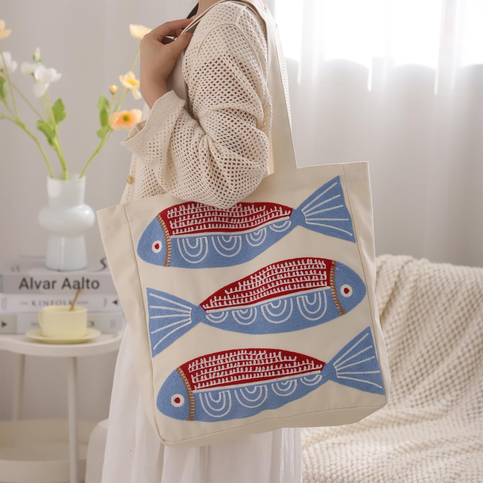 Ocean-Themed Embroidery Tote Bag for Summer Canvas Beach Bag with Magnetic Bu…