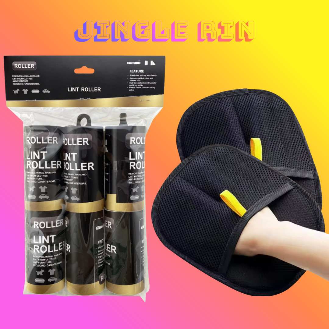 6 STICKY LINT ROLLERS AND 2 BRUSH HAIR REMOVAL GLOVES FREE SHIPPING