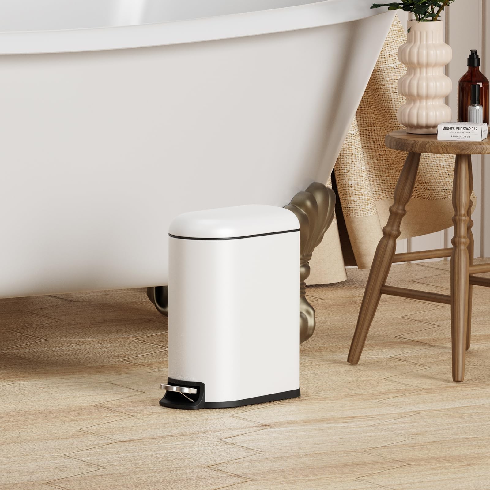 White 5L/1.3 Gallon Small Bathroom Trash Can With Lid Slim Stainless Steel
