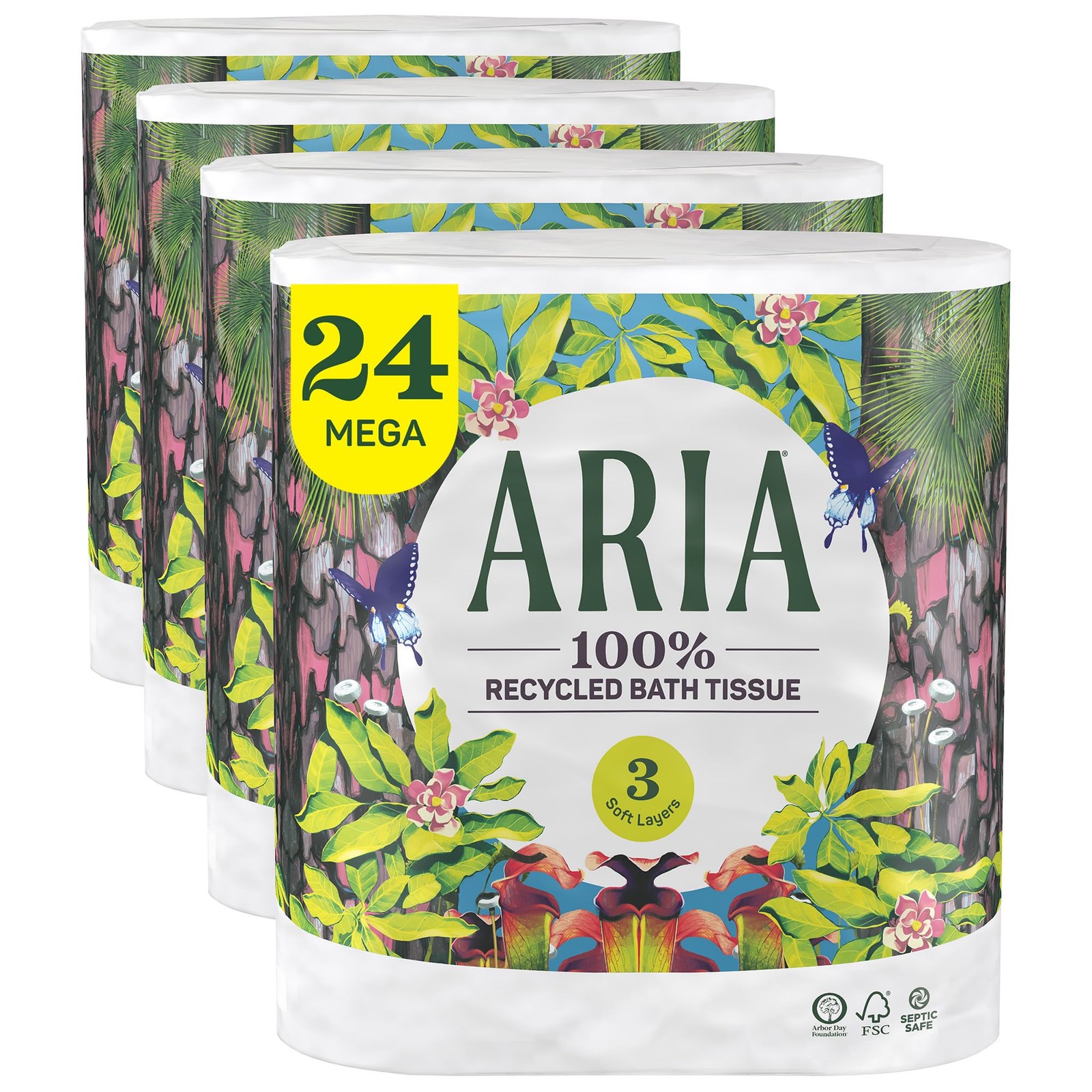 Aria 100% Recycled Toilet Paper, 24 Rolls, 3-Ply 6 count(Pack of 4), White
