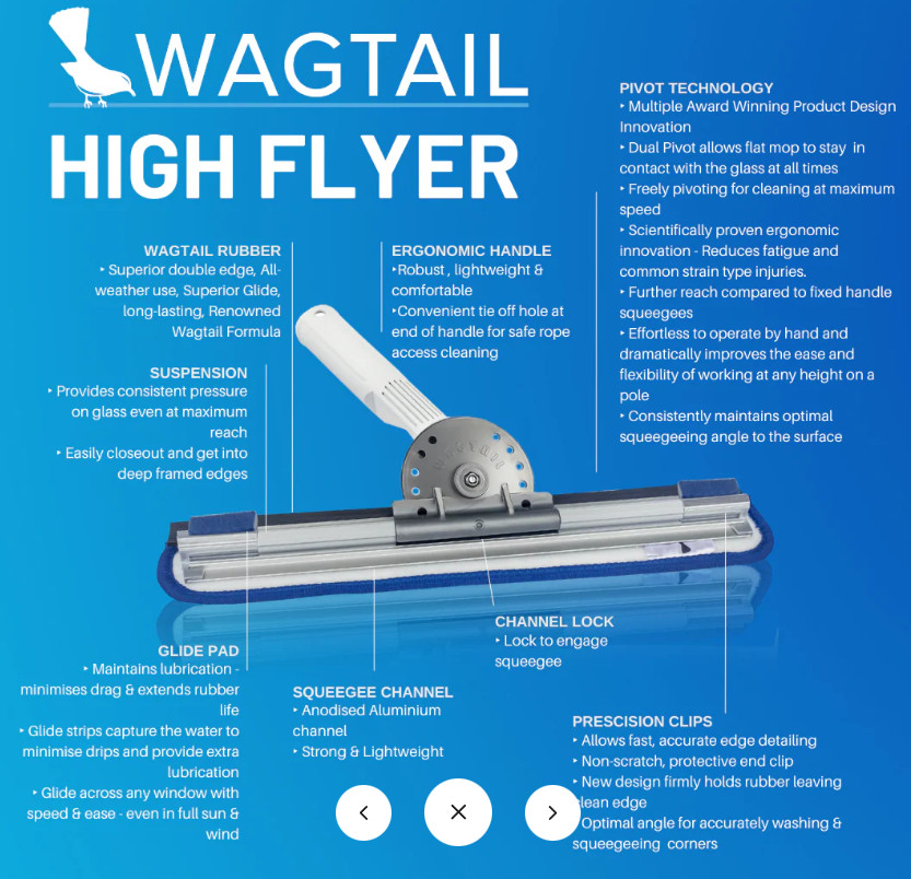 Wagtail High Flyer Window Cleaning Tool Dual Pivot 18cm/7″ Microfibre + Squeeqee