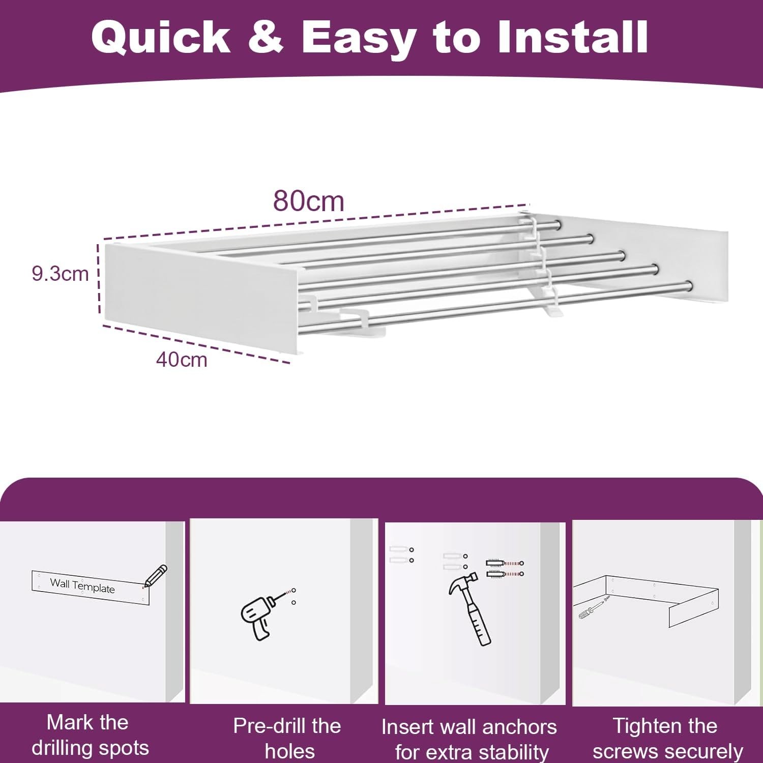 Wall Mounted Stainless Steel Clothes Drying Rack 32″, Foldable Collapsible