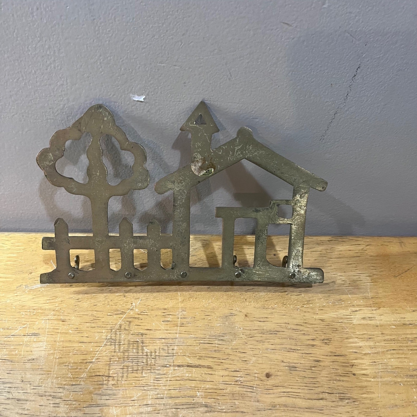 Vtg Solid Brass House Picket Fence Tree Wall Key Rack Hook Organizer 7.75in