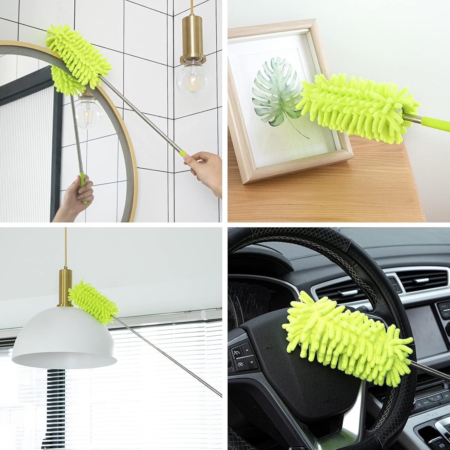 Microfiber Duster for Cleaning Extendable Pole Hand Washable Dusters Head Green