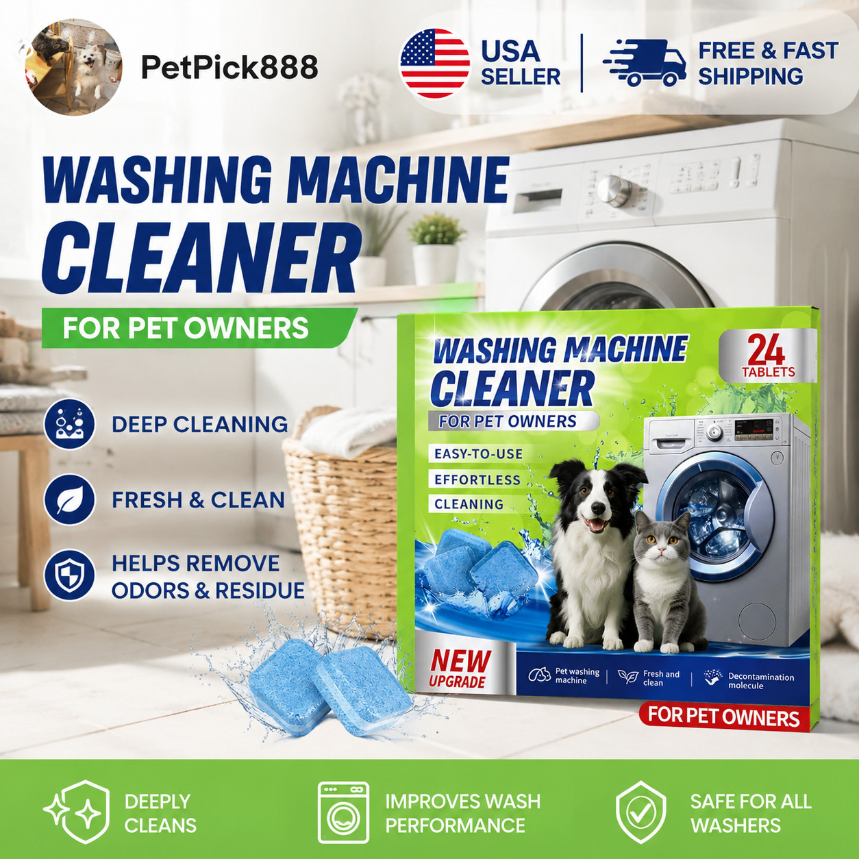 Washing Machine Cleaner Tablets for Pet Owners Deep Clean Odor Remover 24 Pack