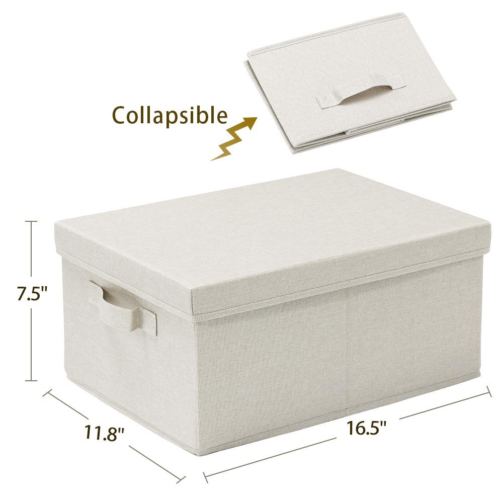 Foldable Storage Bin Lid Cardboard Boxes Carrying Handle Beige 16.5×11.8 In 2 Pk