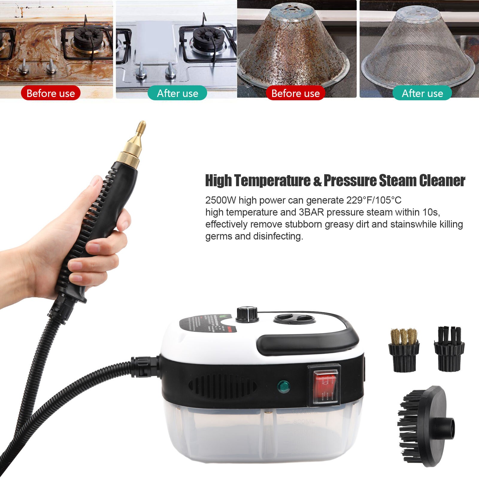 2500W High Pressure Steam Cleaner Handheld Portable 6 Brush Car Home Kitchen NEW