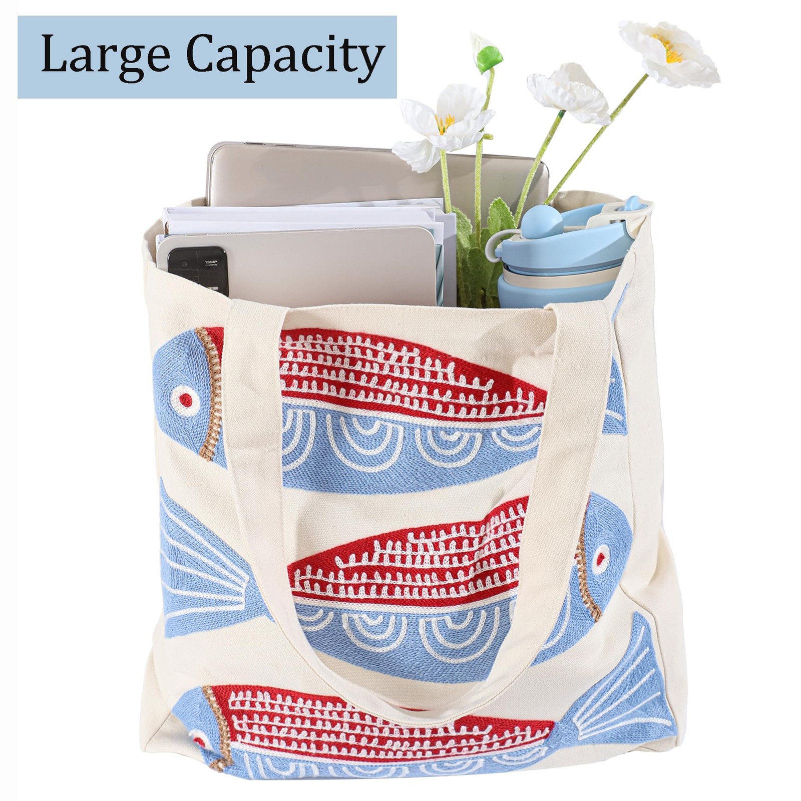 Ocean-Themed Embroidery Tote Bag for Summer Canvas Beach Bag with Magnetic Bu…