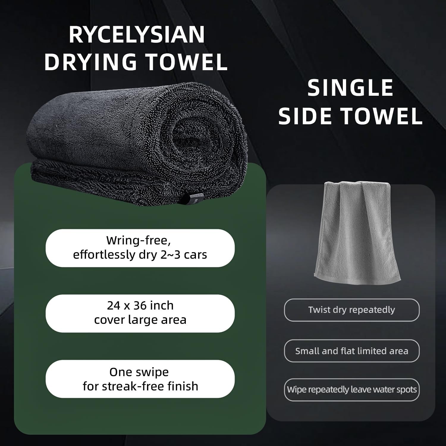2 Pack 1500GSM Microfiber Drying Towel for Car 24″x36″ & 11.8″x11.8″(Grey) |