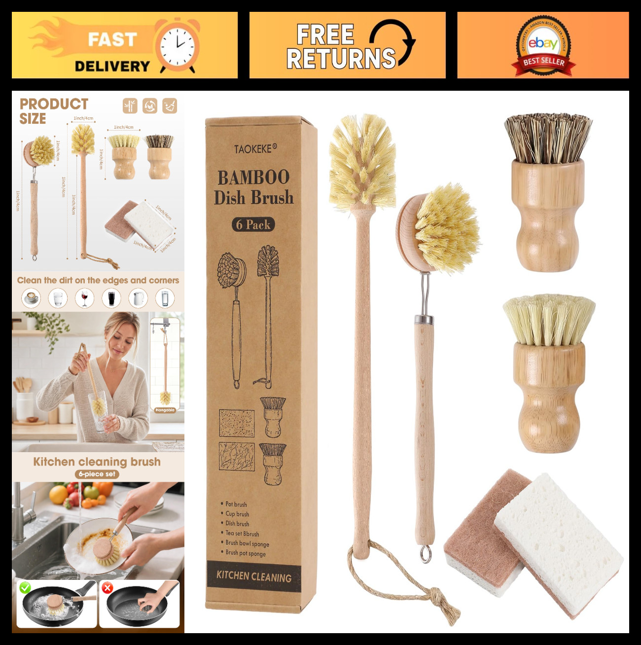 6 Pack Bamboo Dish Brush Set – Eco-Friendly Wooden Handle Scrub Brushes, Natural