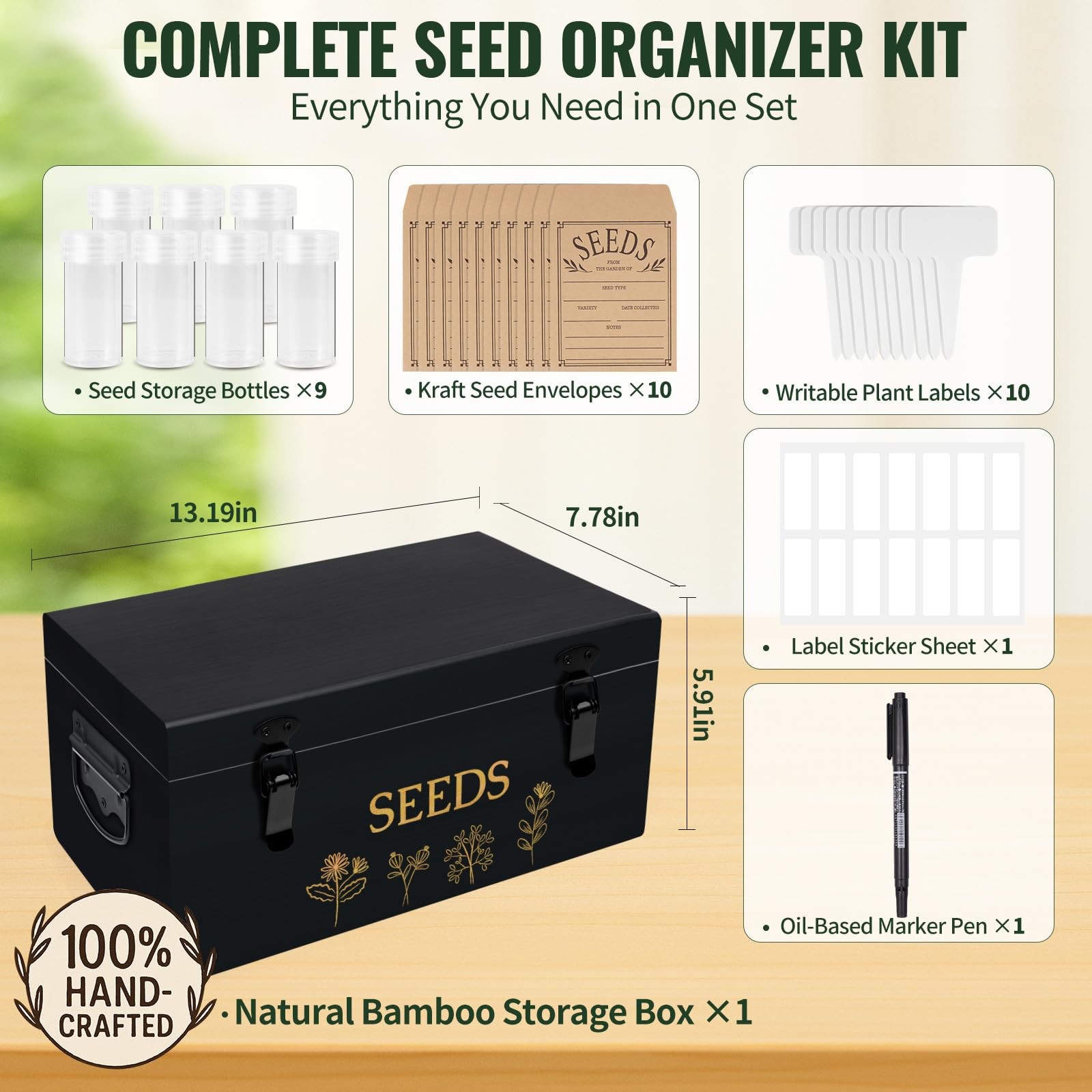 Large Bamboo Wood Seed Storage 13.2 x 7.8 x 5.9 inches, 3.Black(Large)