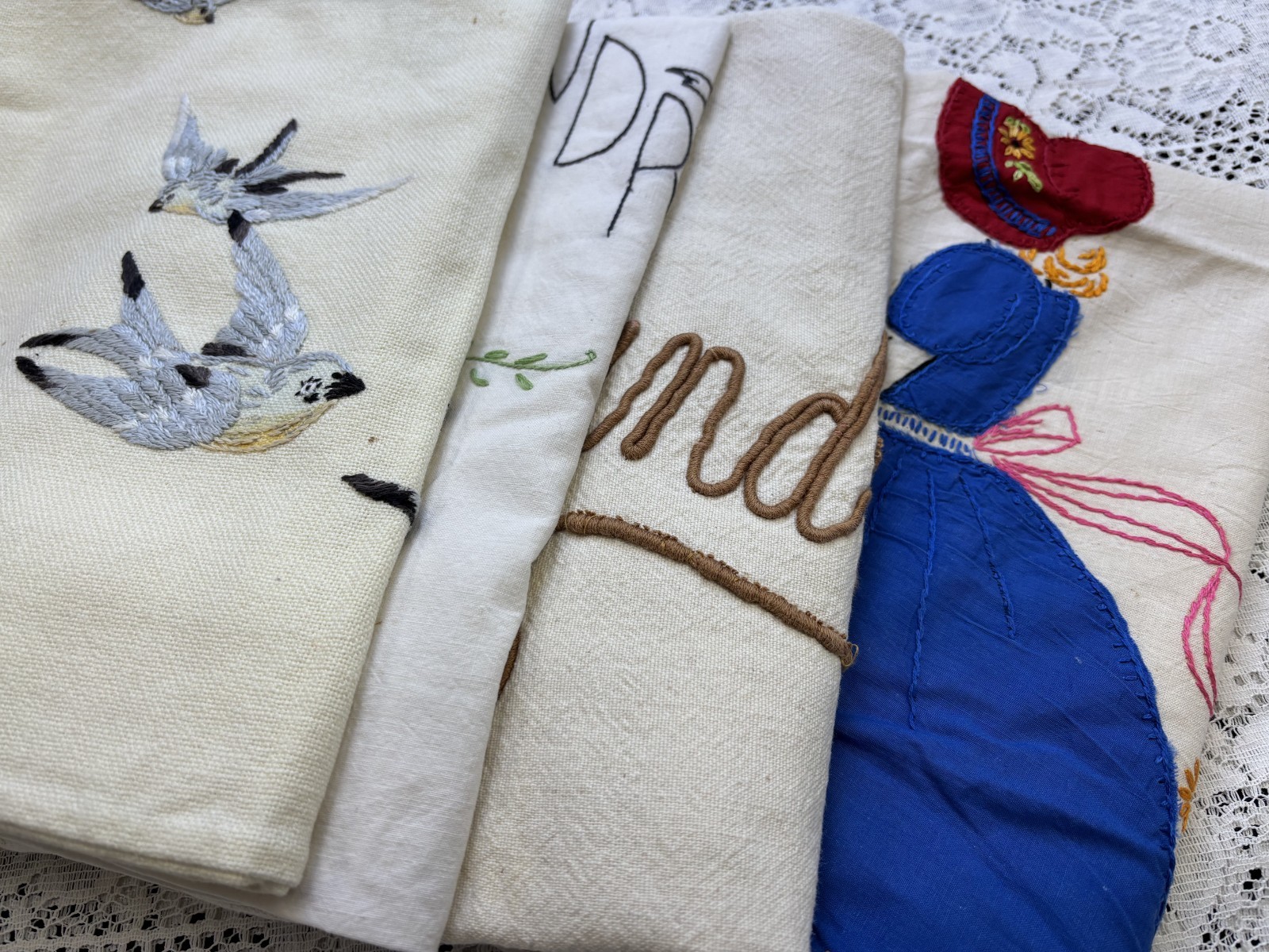 Lot 4 Vtg Antique Cotton Laundry Bags Draw String Clothes Sack Hand Embroidery
