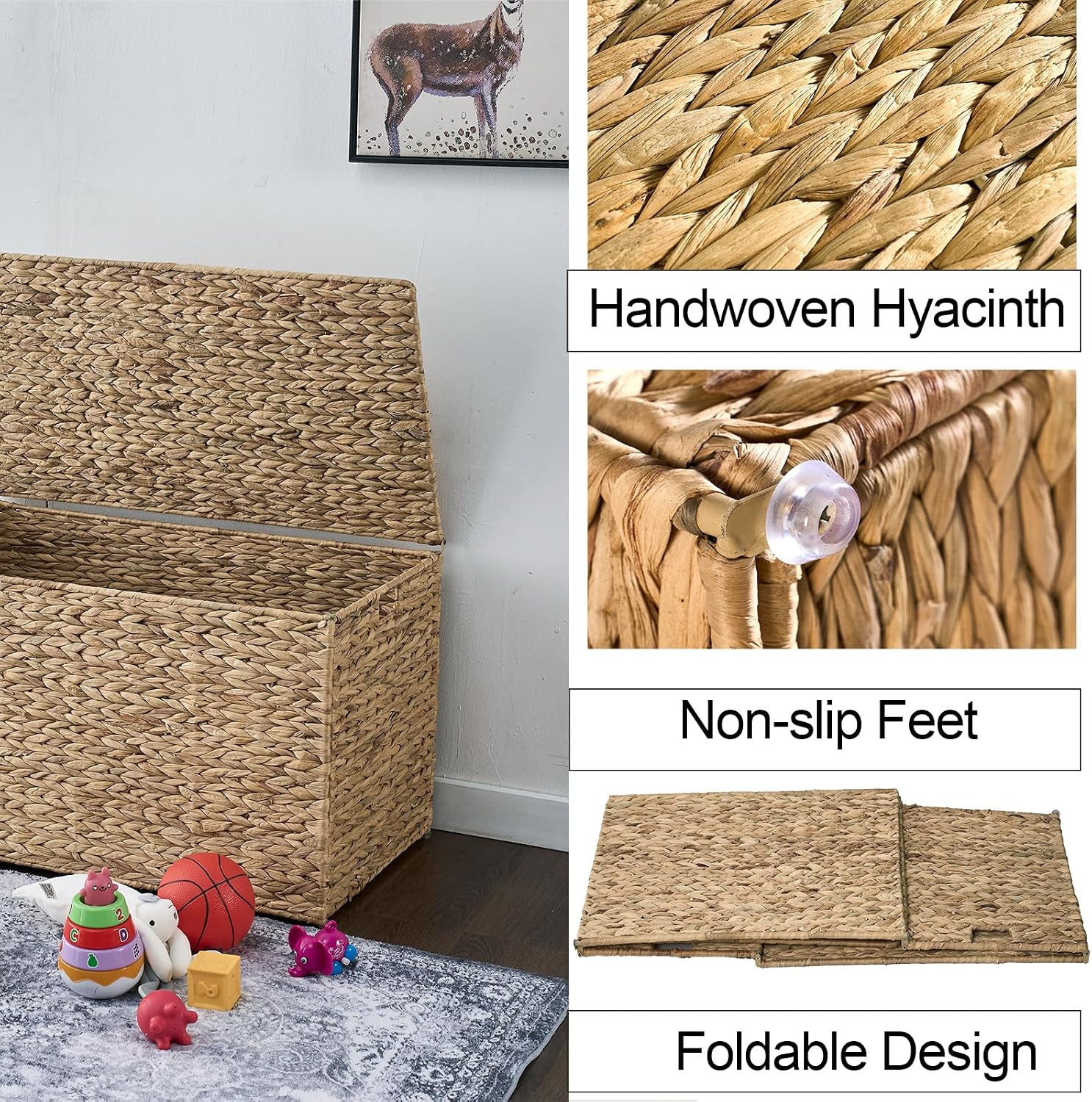Handwoven Water Hyacinth Storage Basket with Lid, 52.8 Gallon, Foldable