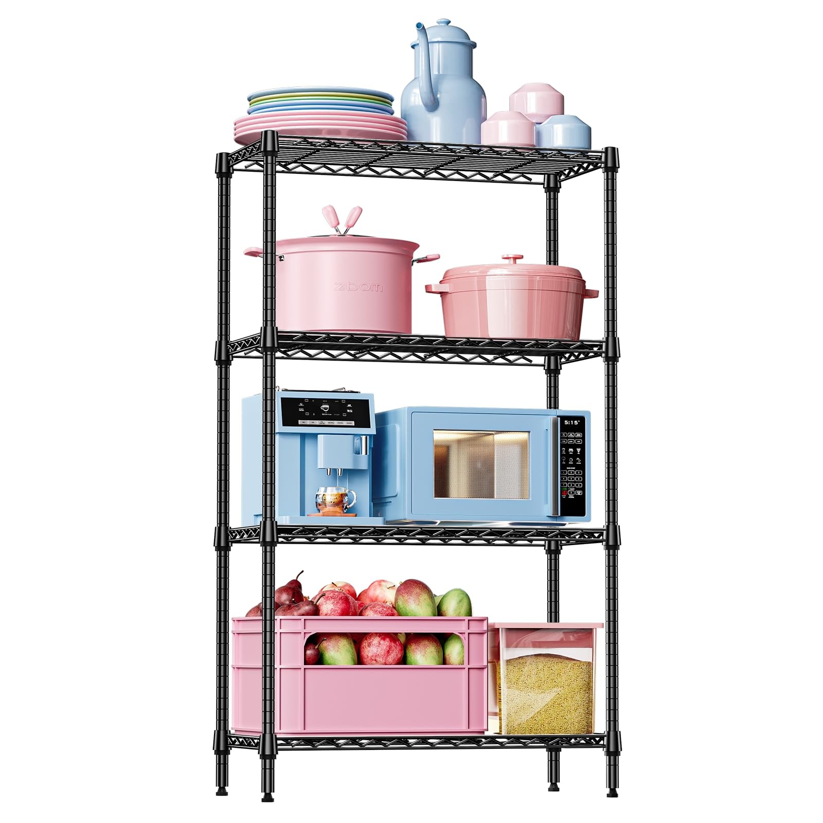 IZEUK 4 Tier Black Metal Shelving Rack 13.8″D
