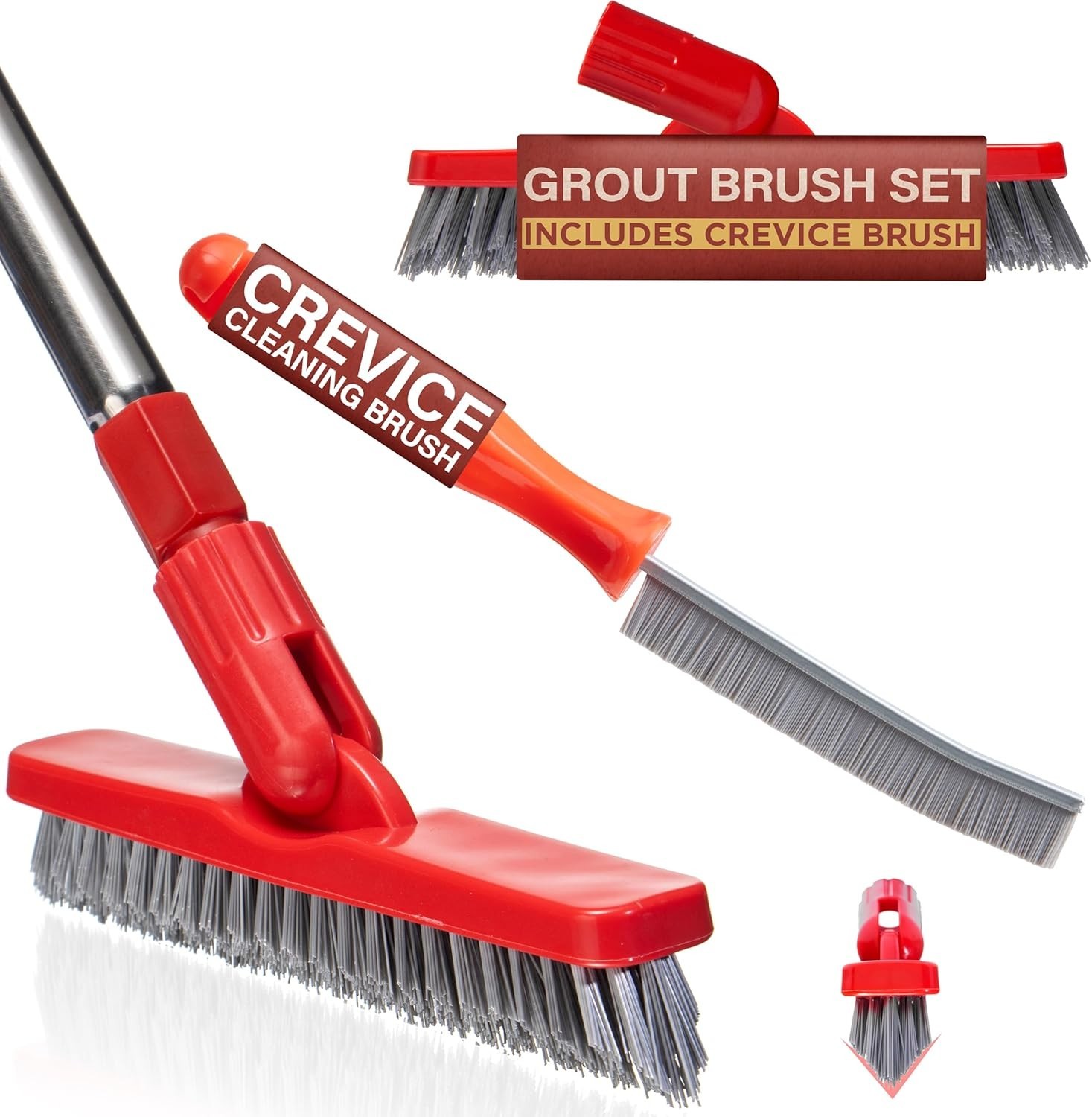 Living Grout Brush with Long Handle & Handheld Stiff Bristle Scrubber, V-Shap…