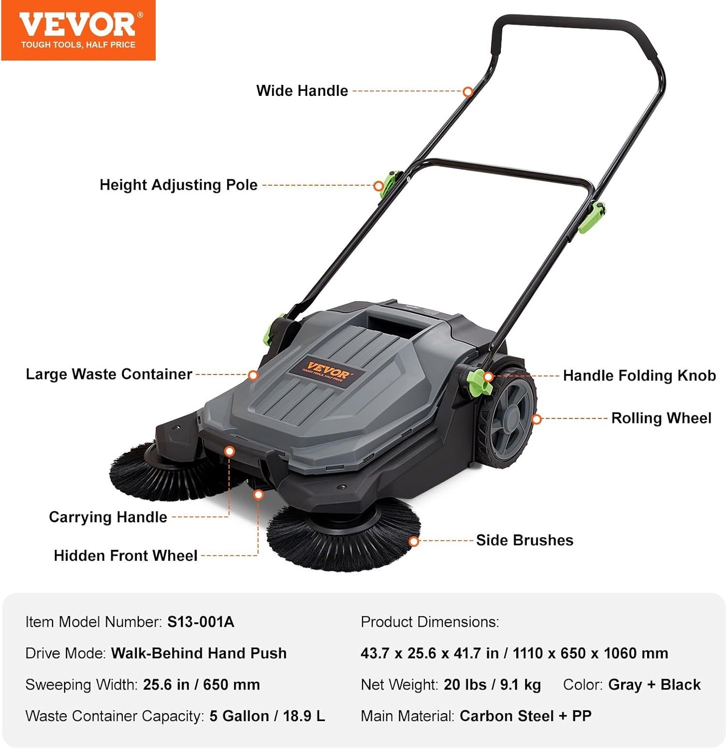 Walk-behind Hand Push Floor Sweeper, 25.6″ Sweeping Width | Manual Non-Electr…
