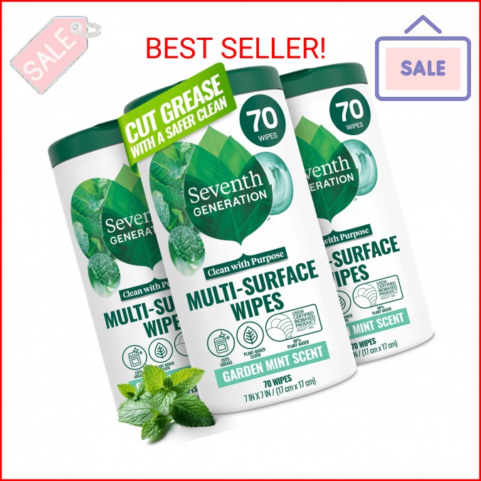 Seventh Generation Multi-Surface Wipes, 70 Count, Pack of 3, Garden Mint, Plant-
