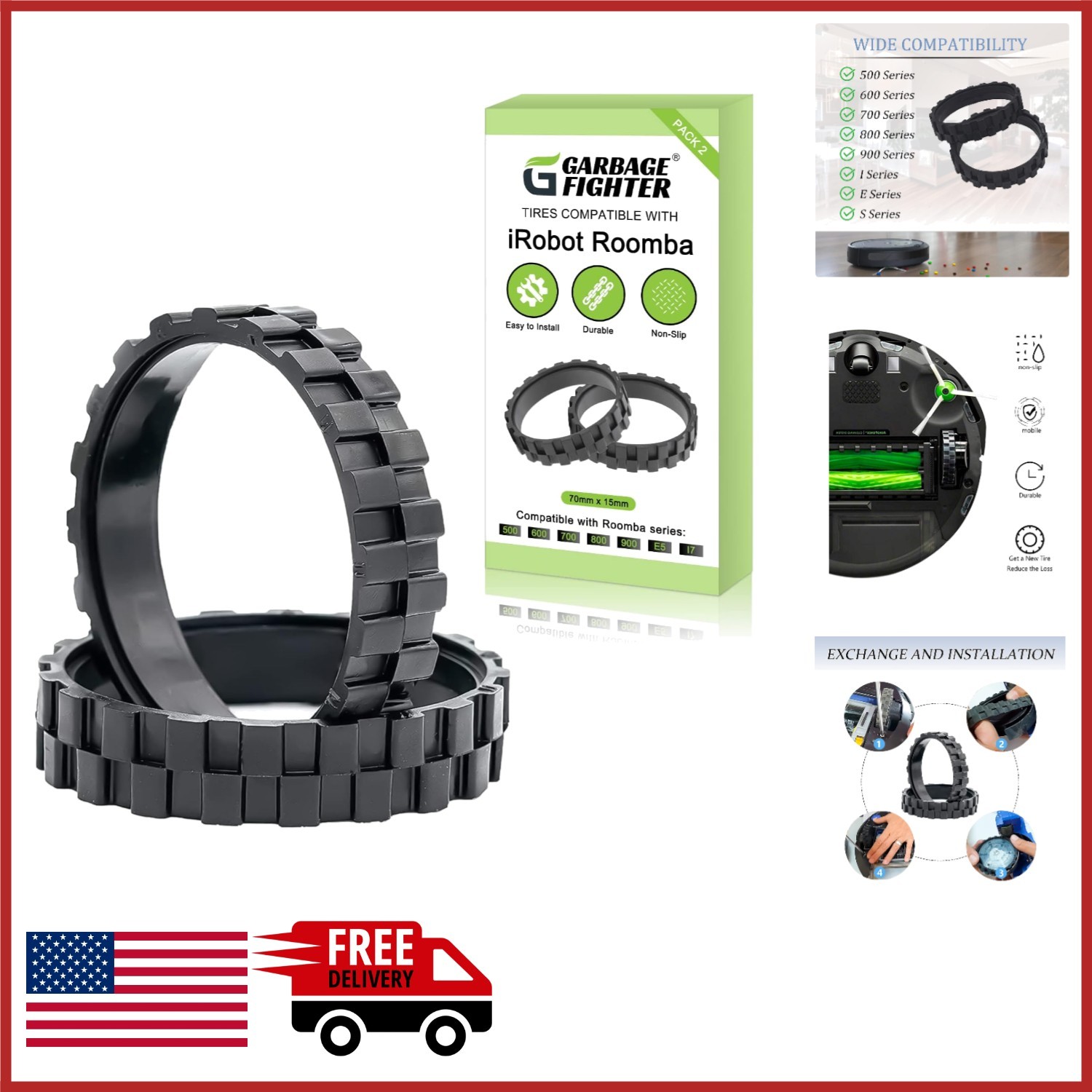 Anti-Slip Rubber Tires for Roomba 500 600 700 800 900 Easy Assembly 2 Pack