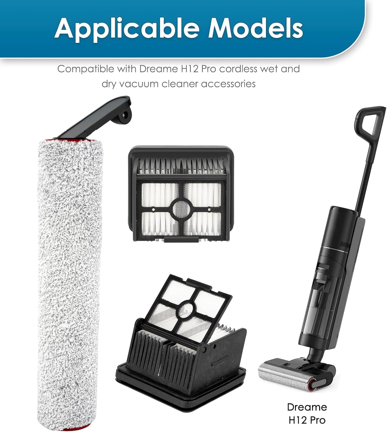 3 Pack H12 Pro Replacement Brush Rollers and Filters Compatible with Dreame H12