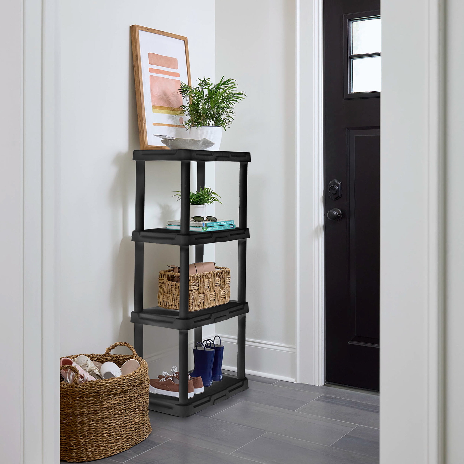 4-Shelf Black Plastic Storage Shelf, 22″ W x 14″ D x 47″ H,