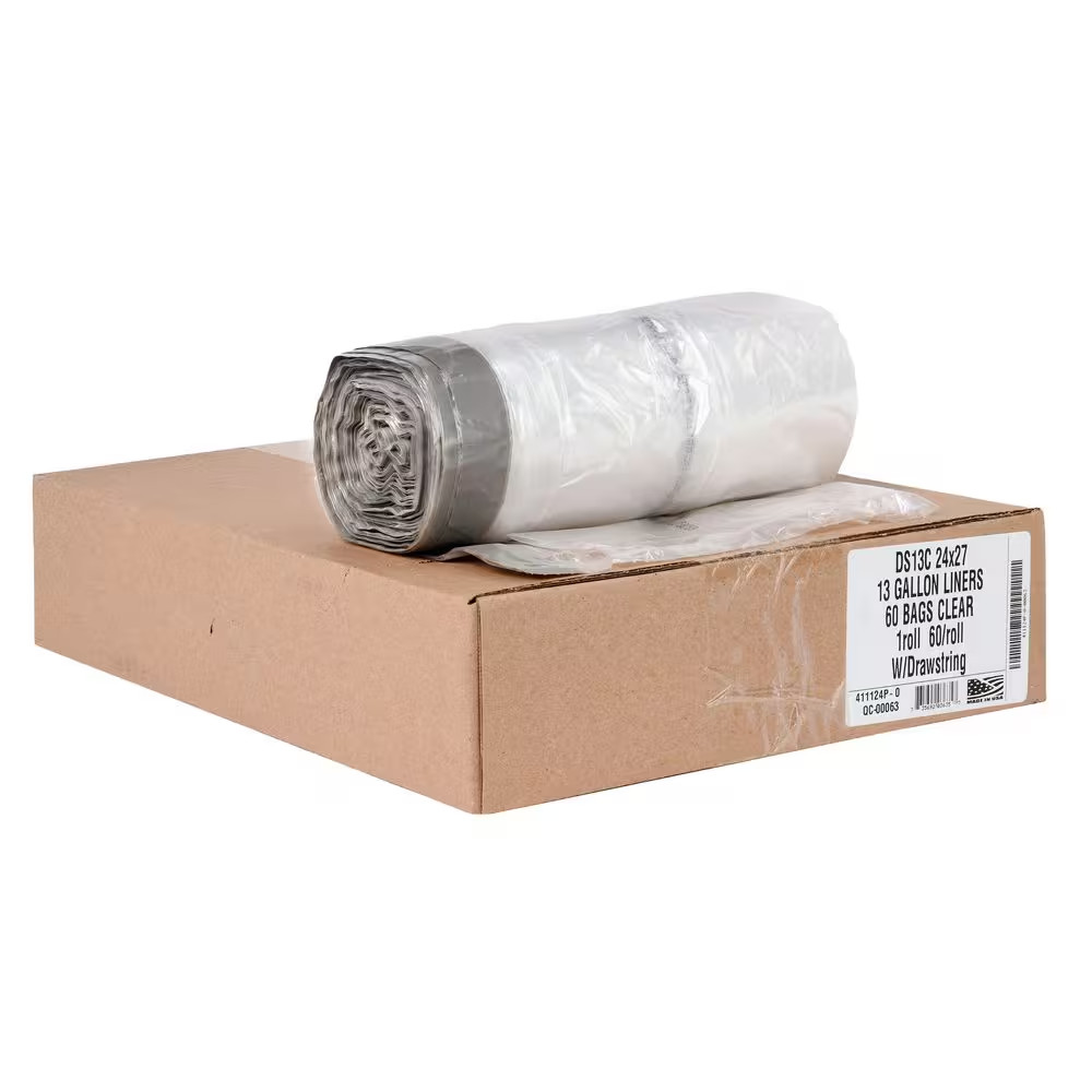 13 Gal. 0.7 Mil Clear Drawstring Trash Bags 24 In. X 27 In. Pack of 60 for Home,