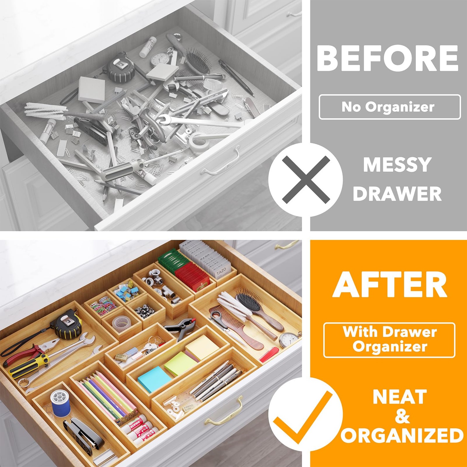SpaceAid 14Piece Bamboo Drawer Organizer Storage Boxes Set, Wood Tray Junk Dr…