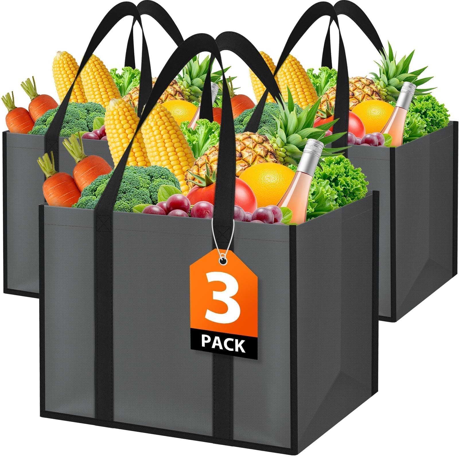 WISELIFE Reusable Grocery Bags, Foldable, Lasting Use, 35L, 3 Pack, Gray