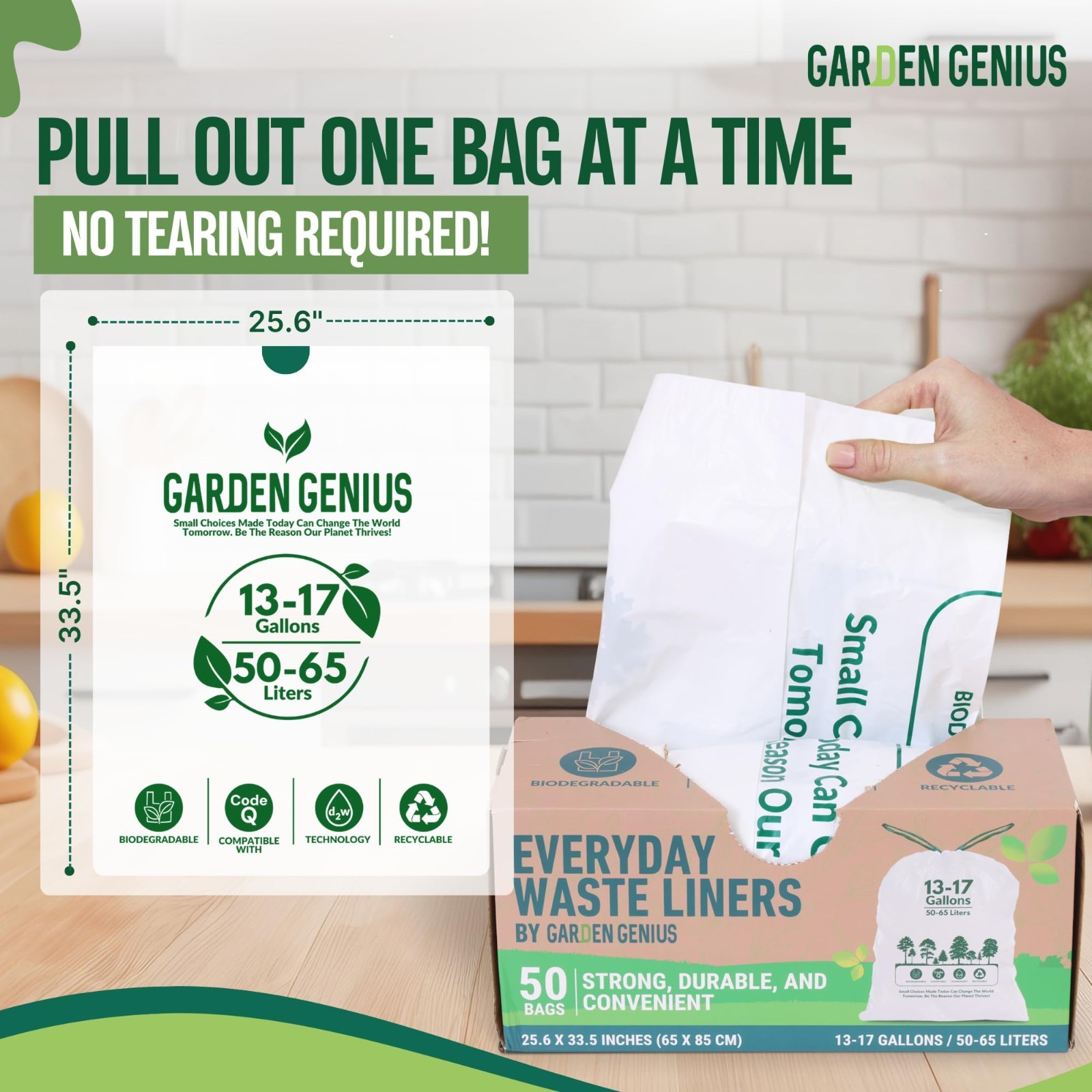 Biodegradable 13-17 Gallon Trash Bags, Heavy-Duty Drawstring Kitchen Bags, Eco-F