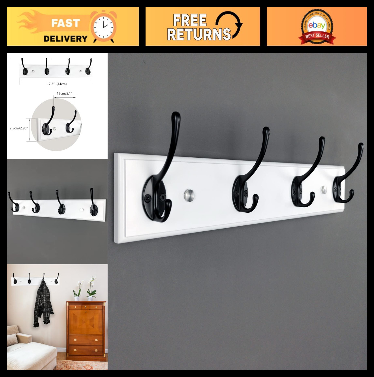 “17.5” Heavy Duty Wood Coat Rack Wall Mount with 4 Hooks – Modern Entryway Orga